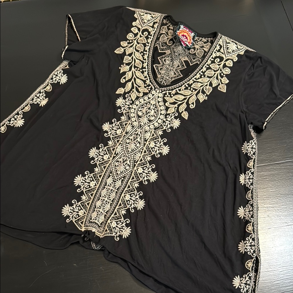 Johnny Was Black Blouse with Cream Embroidery